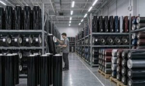 Warehouse worker checking the lot label on a roll of black cast vinyl wrap film in a climate-controlled storage rack