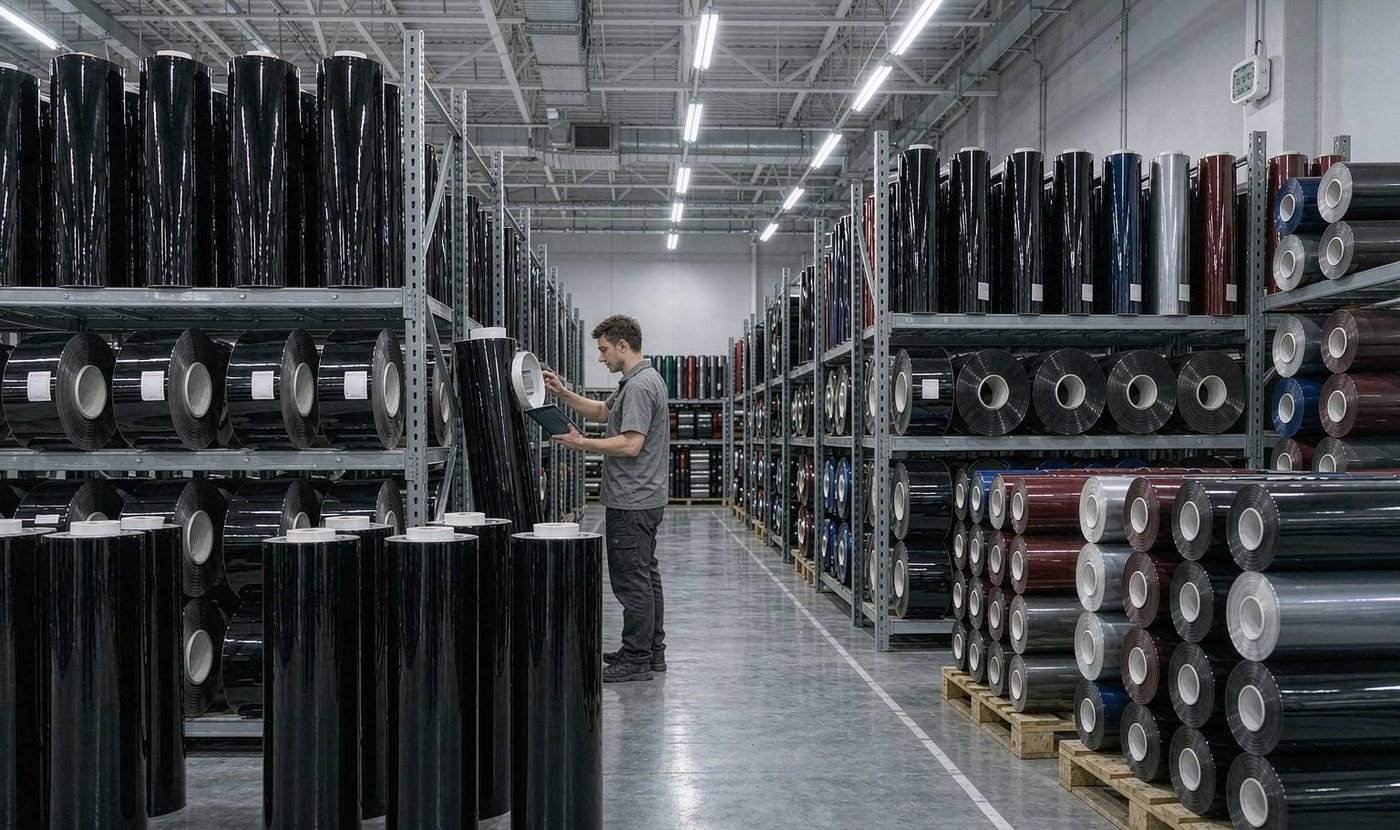 Warehouse worker checking the lot label on a roll of black cast vinyl wrap film in a climate-controlled storage rack