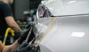 Installer lifting the edge of yellowed TPU PPF film from a white car fender to document a warranty claim
