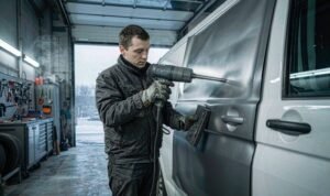 Technician installing matte Car Wrap Vinyl on a van door in a cold workshop with a heat gun and squeegee