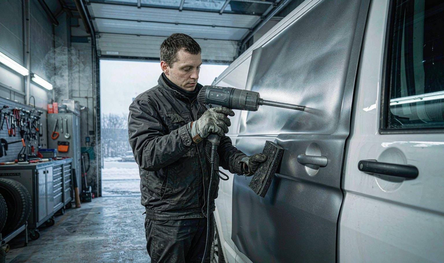 Technician installing matte Car Wrap Vinyl on a van door in a cold workshop with a heat gun and squeegee