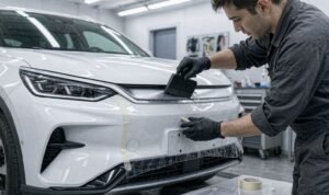 Technician squeegeeing clear TPU PPF onto the front bumper of an electric SUV in a controlled installation bay