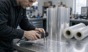 Distributor measuring a clear TPU PPF sample with a thickness gauge in a film warehouse
