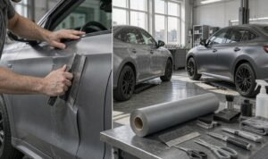 Installer applying satin grey Color TPU PPF to a car door beside a roll of vinyl wrap film in a bright workshop bay
