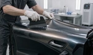 Installer dry-applying color TPU PPF onto a car door with a squeegee in a clean workshop