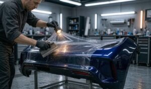 Technician applying clear TPU PPF to a freshly painted bumper cover under an inspection lamp in a clean booth