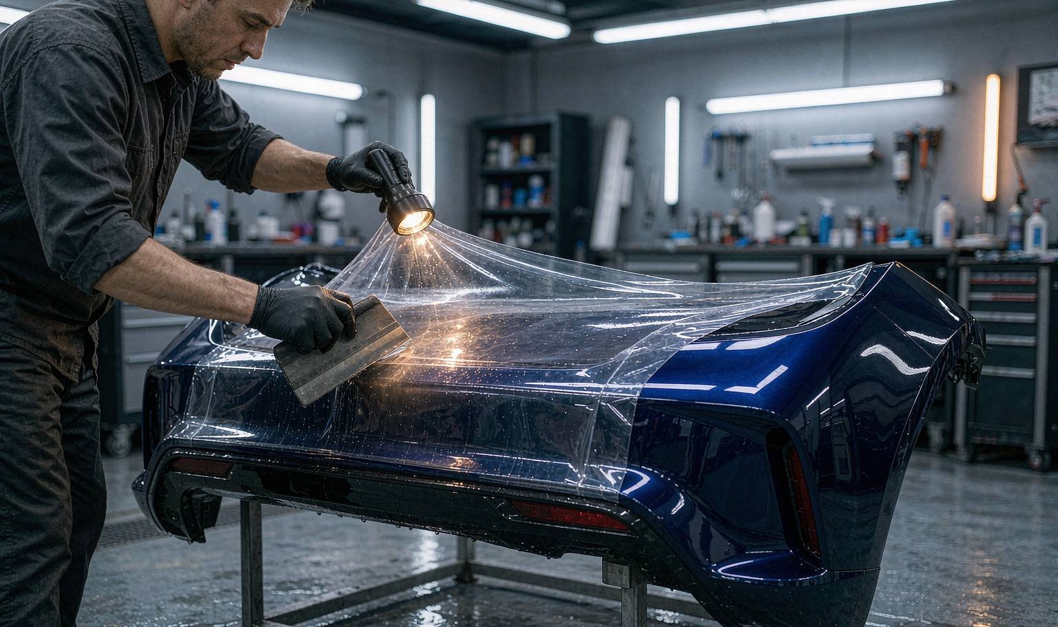 Technician applying clear TPU PPF to a freshly painted bumper cover under an inspection lamp in a clean booth