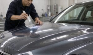 Detailer inspecting clear TPU PPF on a sedan hood for haze and hydrolysis blistering under a workshop inspection light