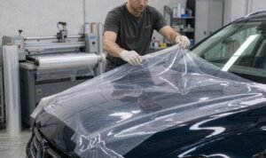 Installer positioning a transparent TPU PPF sheet over a car hood in a clean workshop