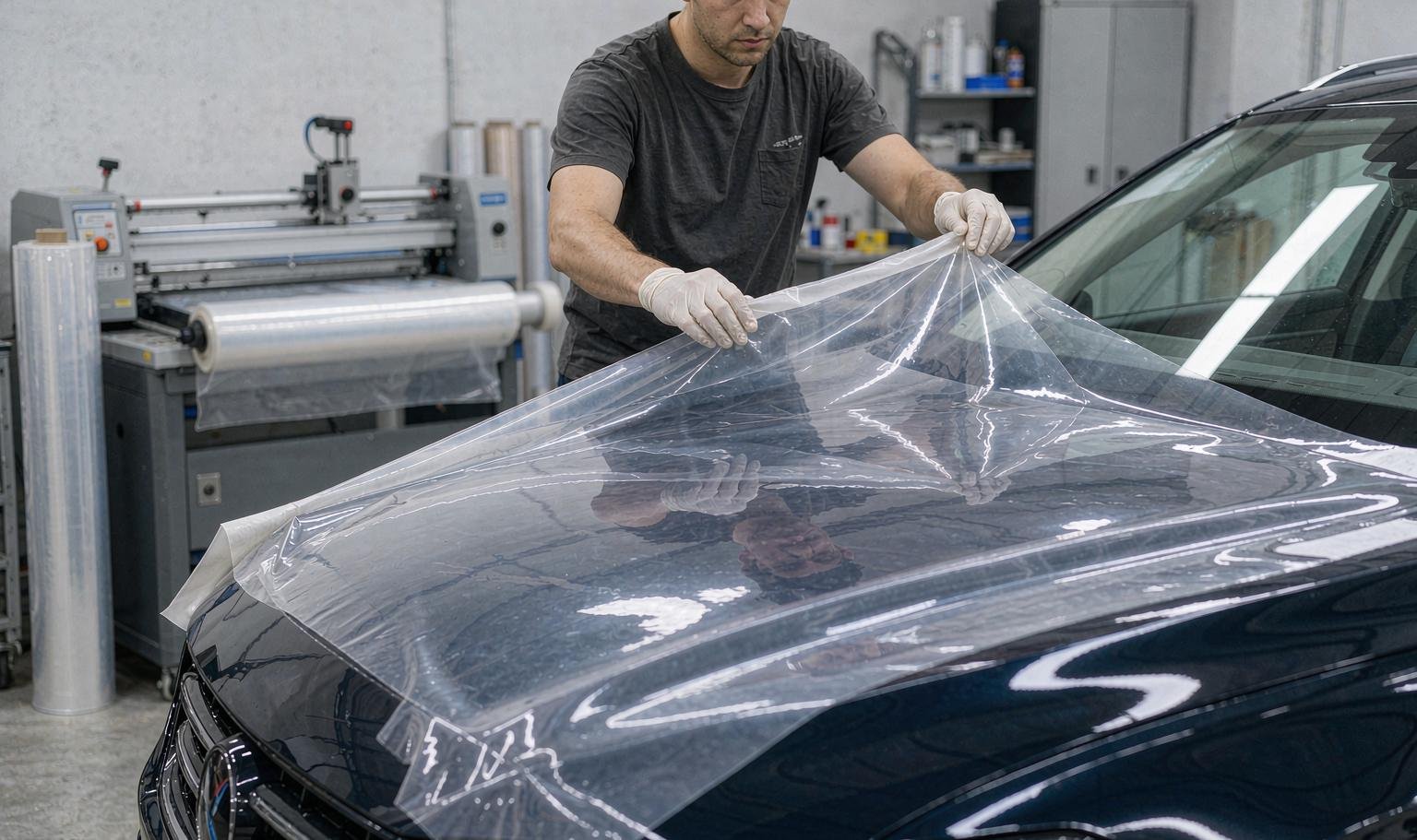 Installer positioning a transparent TPU PPF sheet over a car hood in a clean workshop