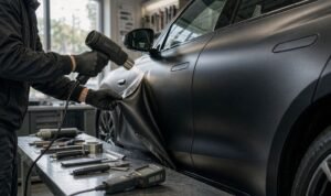 Technician peeling vinyl wrap from a car door at a low angle while heating the film
