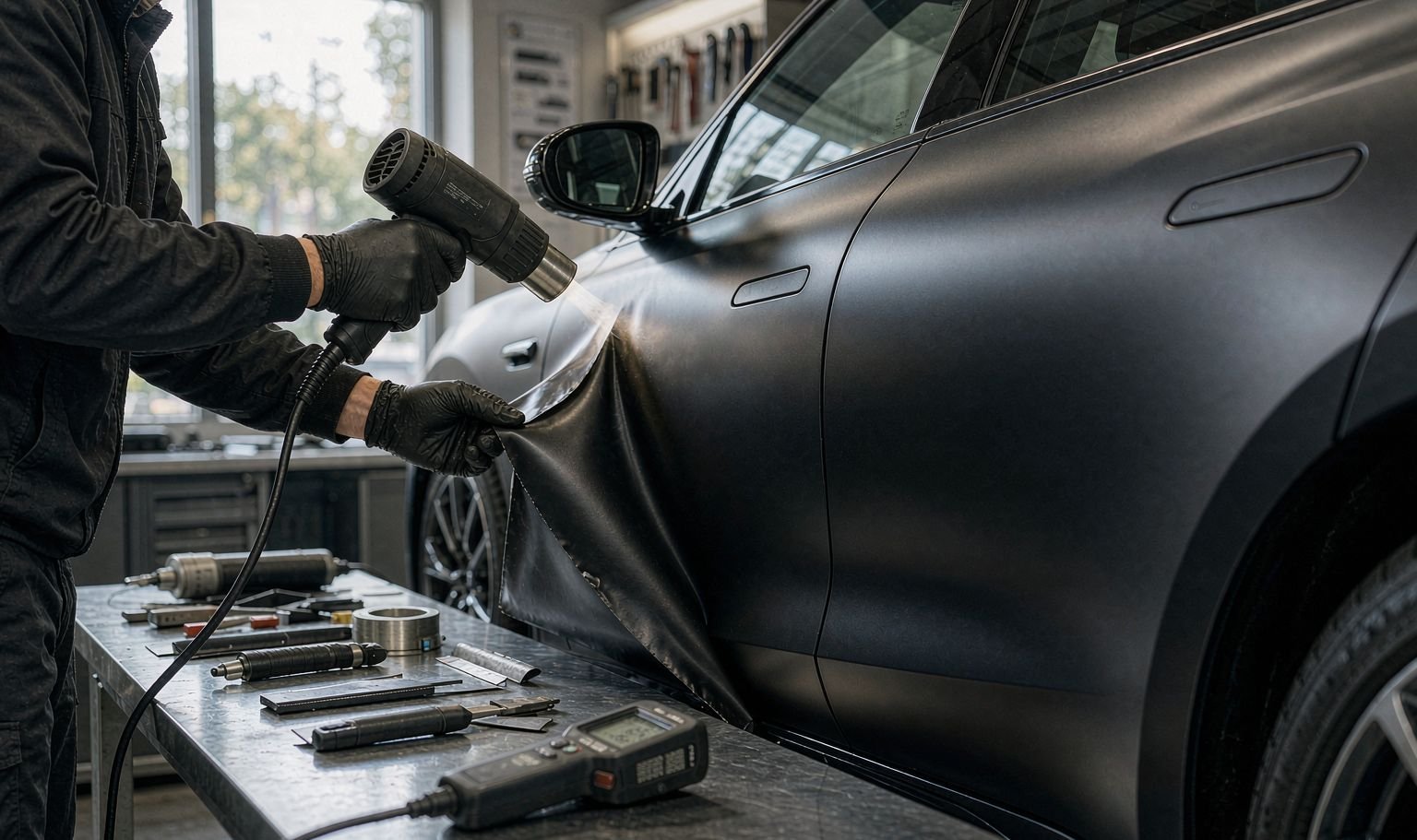 Technician peeling vinyl wrap from a car door at a low angle while heating the film