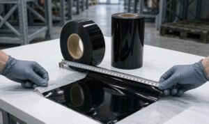 Installer checking the width of a gloss black car wrap vinyl roll with a steel rule on a receiving table