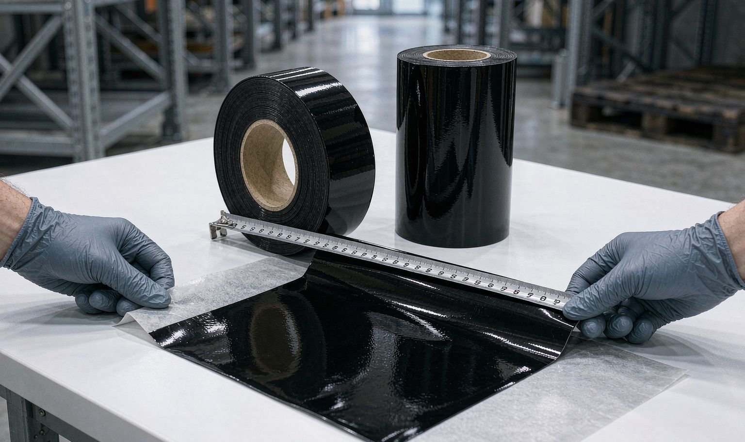 Installer checking the width of a gloss black car wrap vinyl roll with a steel rule on a receiving table