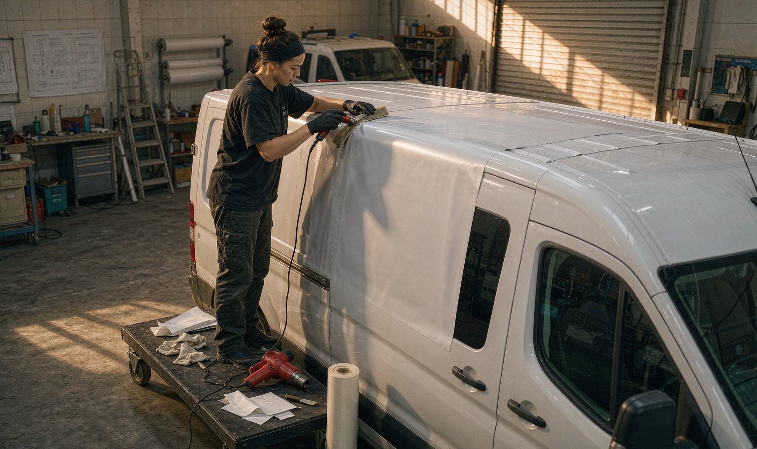 Installer smoothing a wide sheet of car wrap vinyl across the roof of a white cargo van with a felt-edge squeegee