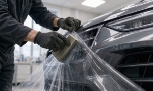 Technician stretching clear TPU PPF around the corner of a dark grey SUV front bumper in a dust-free bay