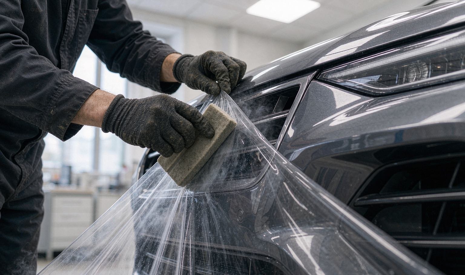 Technician stretching clear TPU PPF around the corner of a dark grey SUV front bumper in a dust-free bay