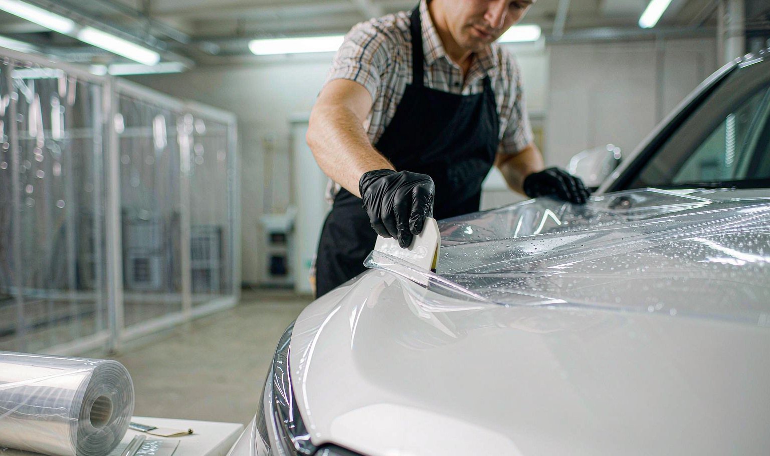 Technician squeegeeing transparent TPU PPF film onto a white car hood in a dust-free installation workshop